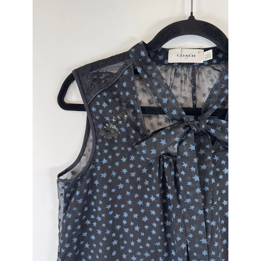 Coach Womens Top Black Star Print Sleeveless Tie Neck Blouse Silk Sheer Size 0 - Image 6