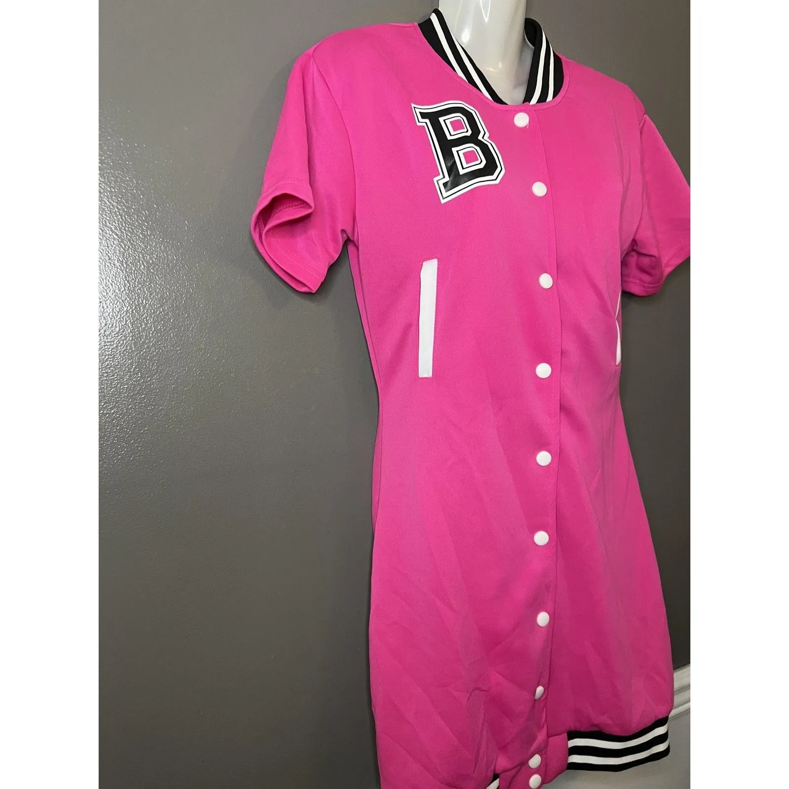 Daisy T Shirt Dress Womens Small Pink Baseball Varsity Snap Front Mini Jersey - Image 3