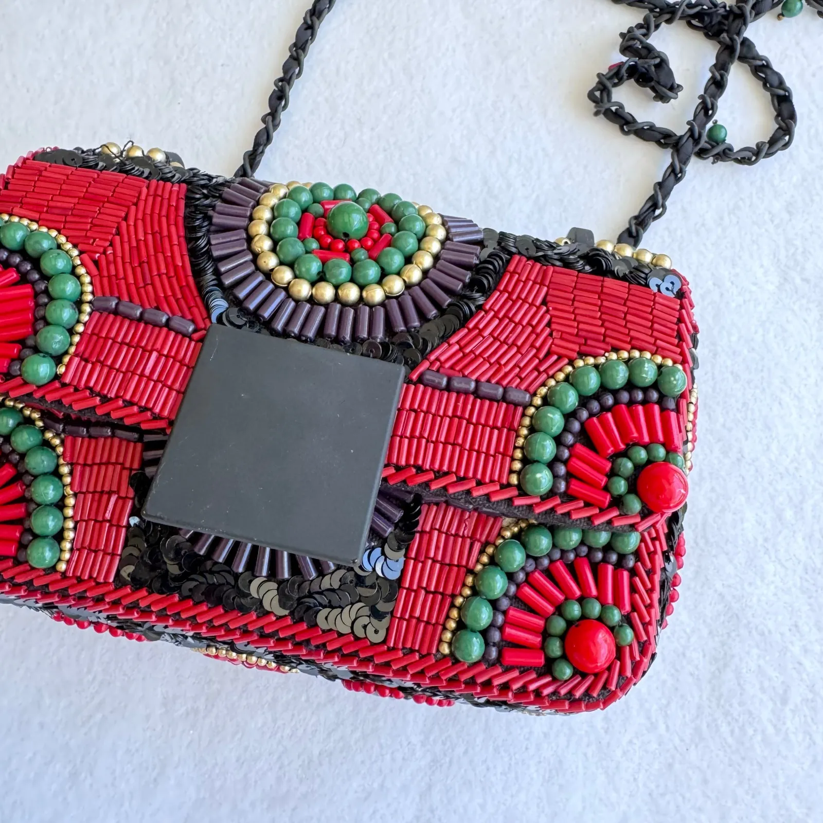 Purificación García Beaded Crossbody Clutch Red Green Boho Statement Bag Black - Image 4