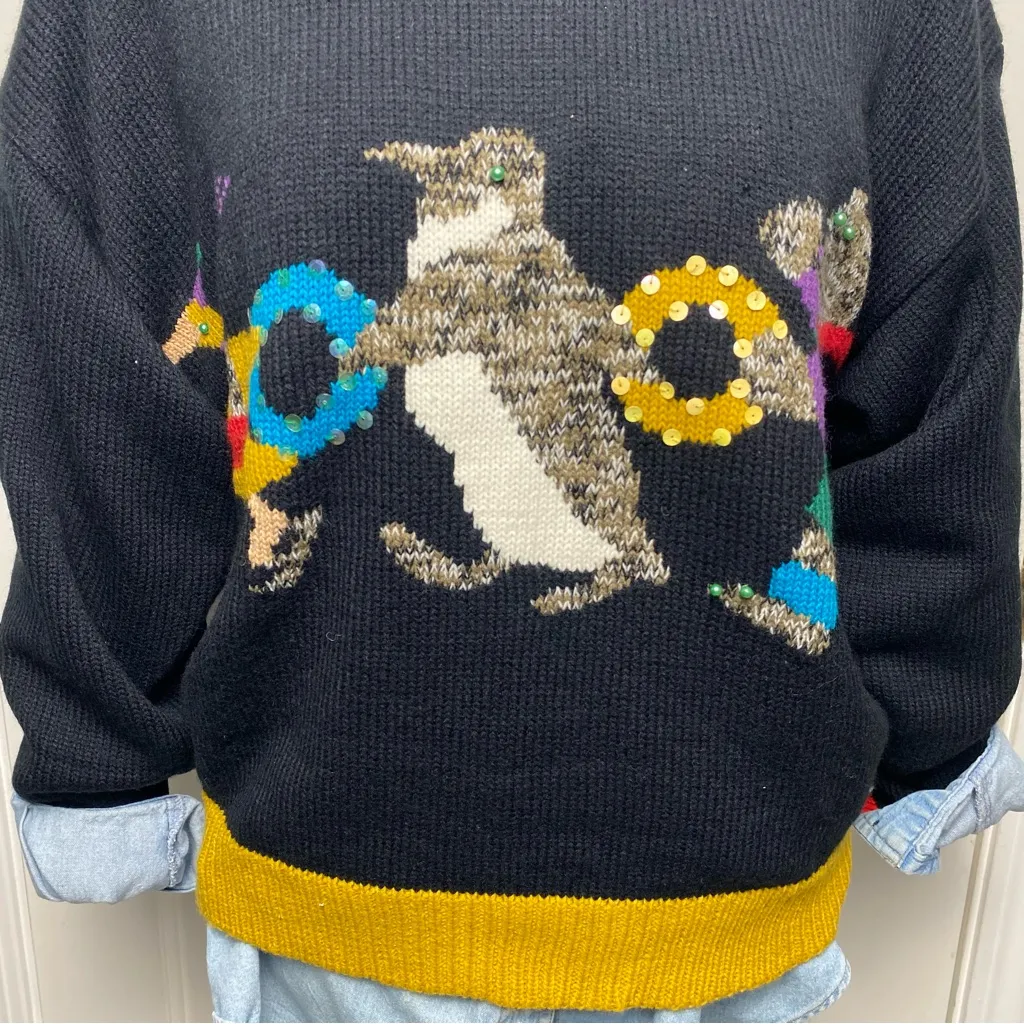 Vintage 90s Emanuel Donna collared sweater winter animals beaded sequins M Black Size M - Image 5