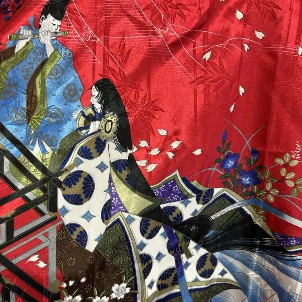 Vintage Kimono Robe One Size Red Japanese Sakura Print Tie Belt Mid Length - Image 4