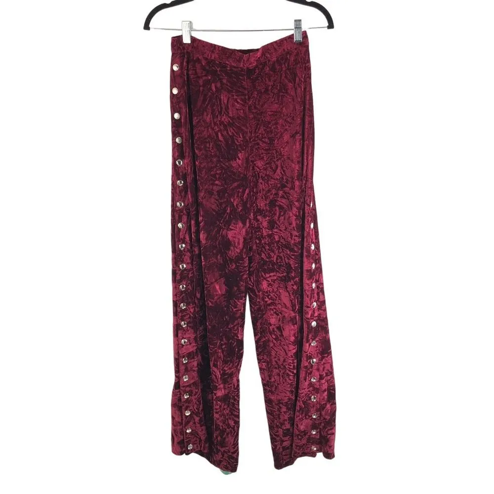 Mistress Rocks Women's Wide Leg Pants Plum Crushed Velvet Side Snap Burgundy S - Image 2