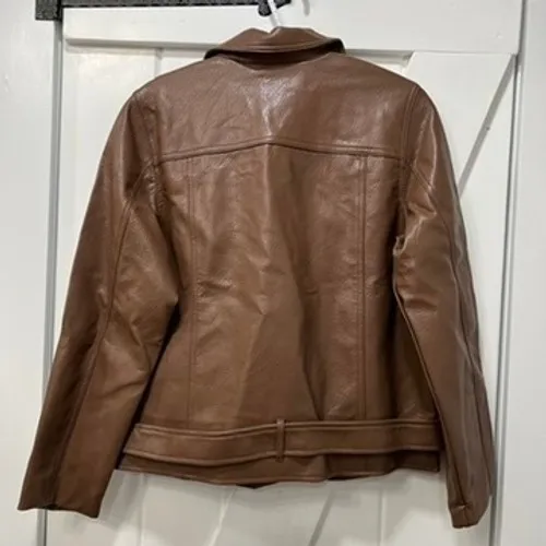 Old Navy Womens Motto Jacket Large NWT Brown Faux Leather Zip Trucker Belt Biker - Image 8