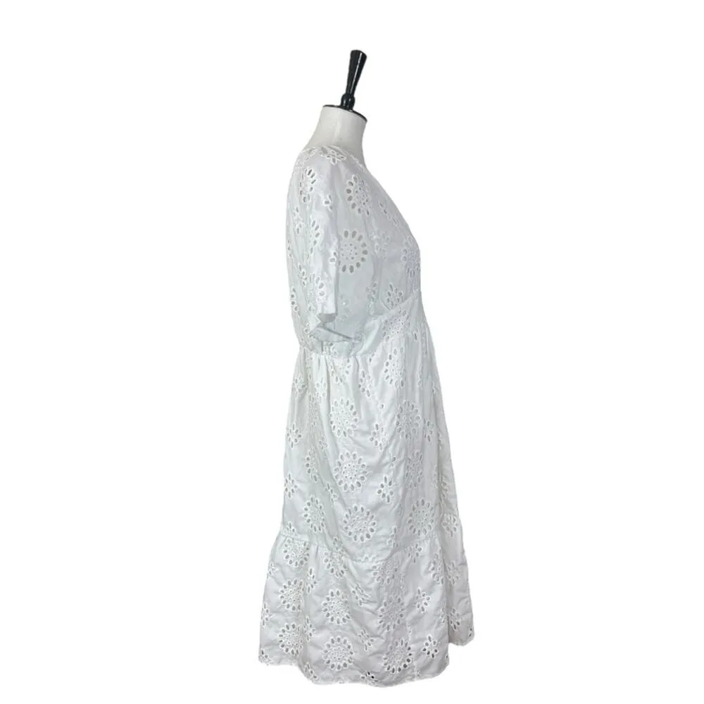 White Eyelet Lace Midi Dress Hight Waist V - Image 3