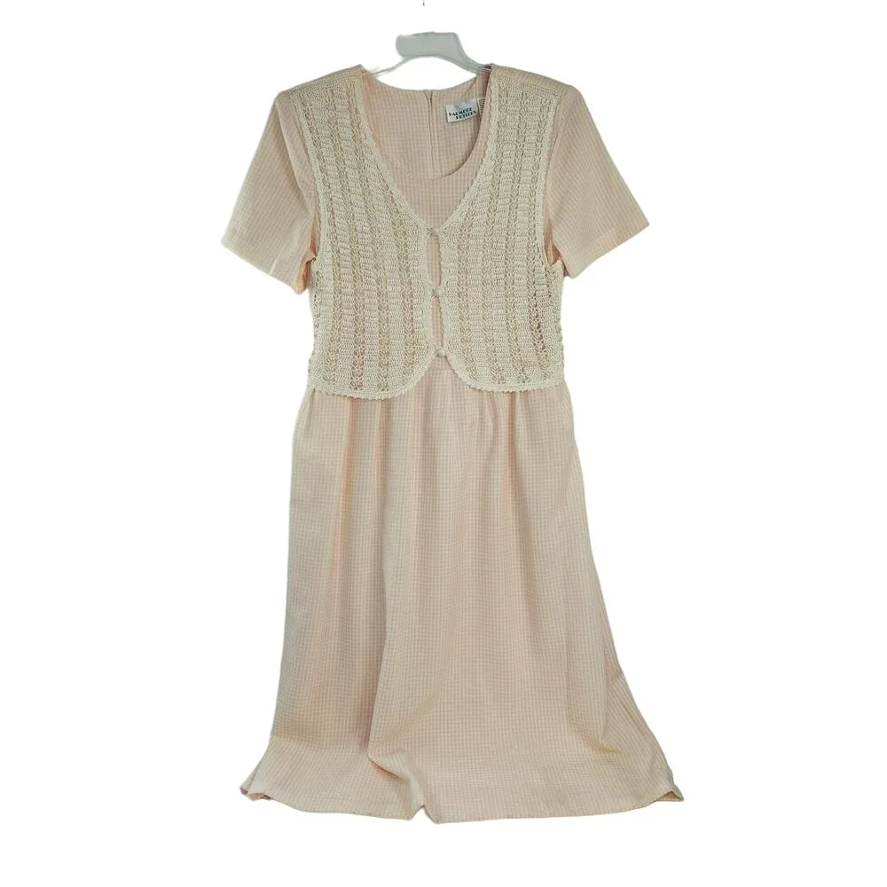 80s Vintage Cottage Core Midi Dress Crochet Vest Pastel Pink Gingham Prairie Size 12 - Image 5