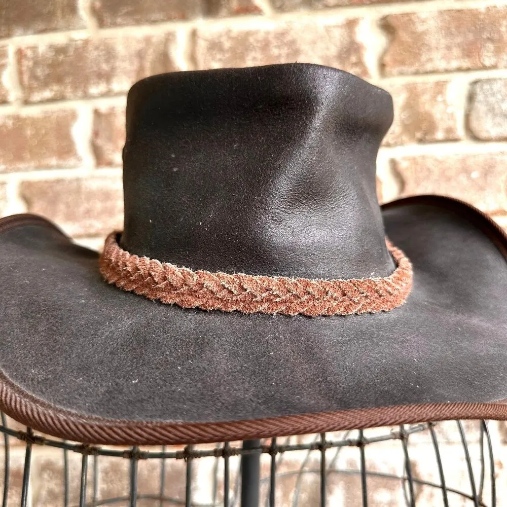 Vintage Australian Geographic Leather Hat Large 59 Brown Aussie Down Under - Image 5