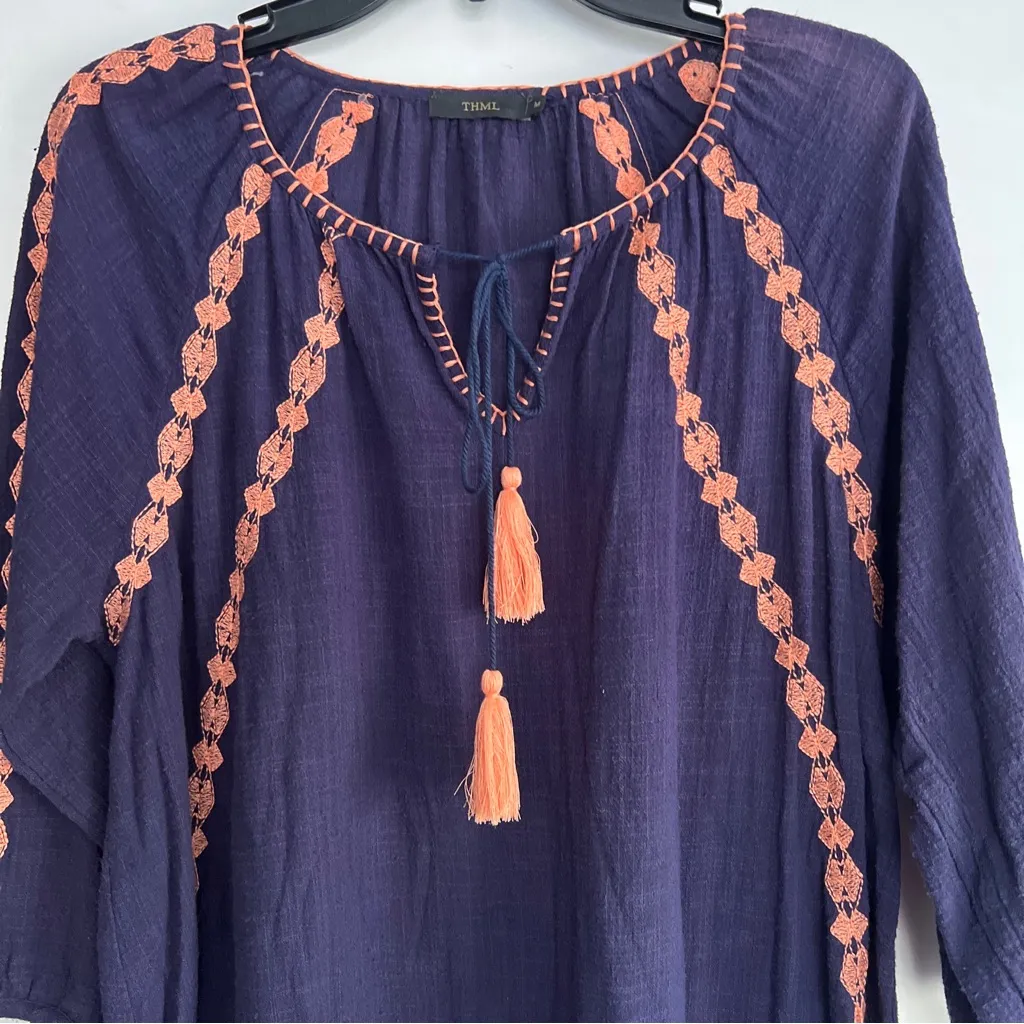 THML Embroidered boho dress Navy Blue Peach trim Size Med. cottagecore hippie EC - Image 2