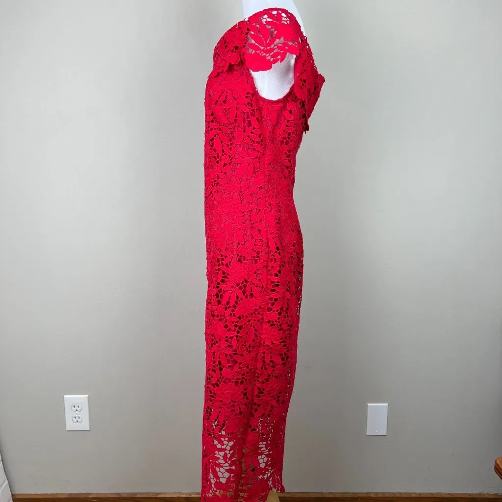 Anthropologie Shoshanna Dress Womens 8 Red Lace Sheath‎ Off Shoulder Fitted Sexy - Image 11