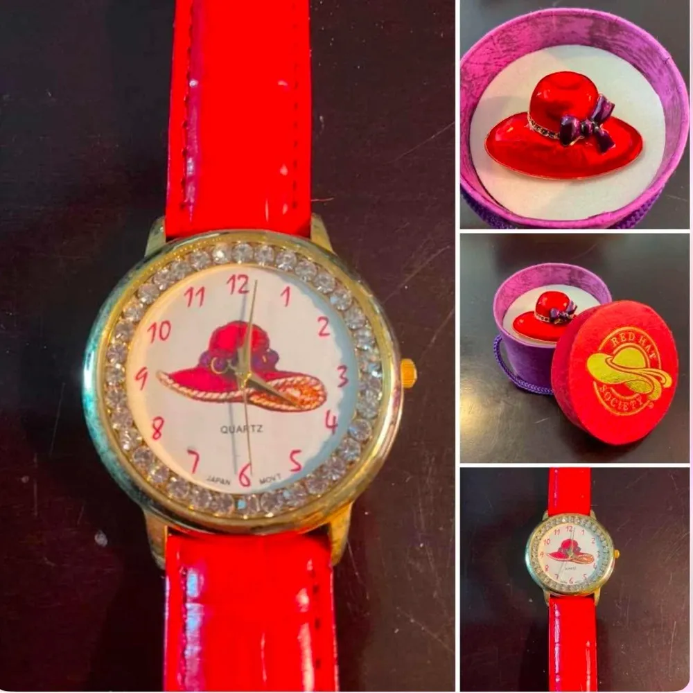 Vintagee Red Hat Society watch, brooch, brooch box and badge or eyeglass holder - Image 2