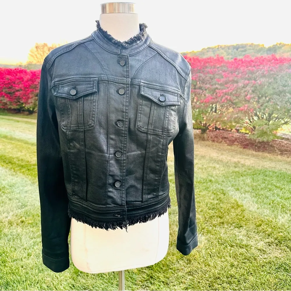 🌹HP🌹 ELIE TAHARI Black Waxed Denim Jacket with Lace Back - Image 7