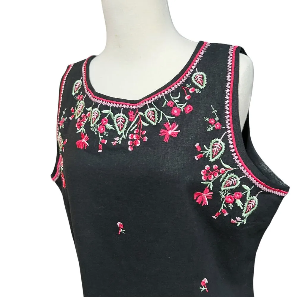 Vintage Citi Dress Womens 16 Black Embroidered Floral Linen Blend Slit Folk Boho - Image 2