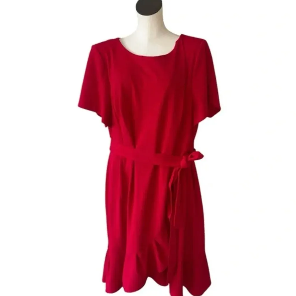NWT Calvin Klein Short Sleeve Tie Front Ruffle Hem Fit and Flare Dress RED  20W - Image 2