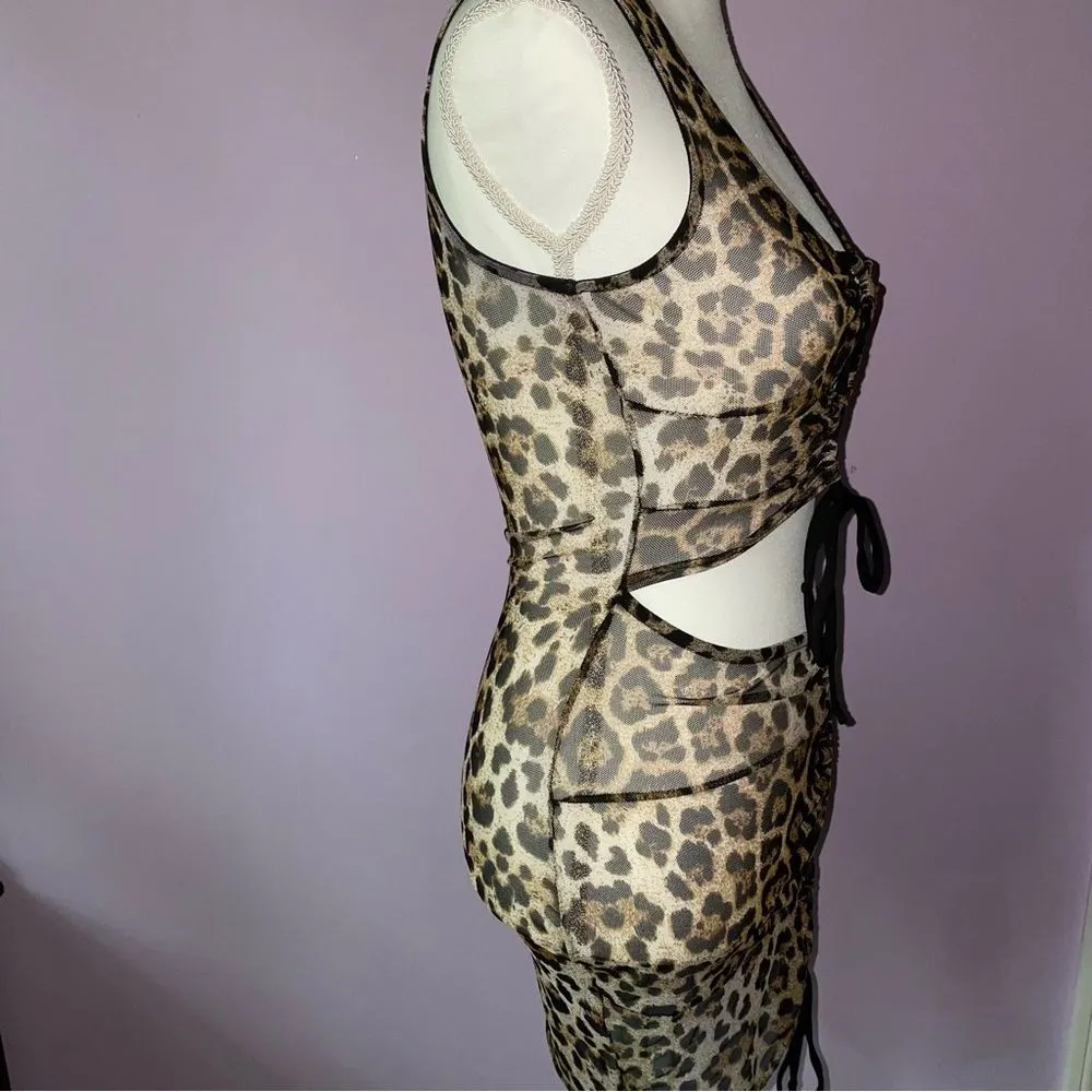 Cheetah Print Swim Cover Up Mesh Cutout Mini Dress Tie Front Small Black - Image 2