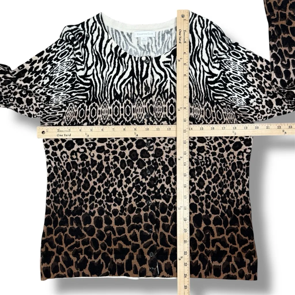 Charter Club Multi Animal Print Button Up Cardigan Sweater Tan Black Medium - Image 10