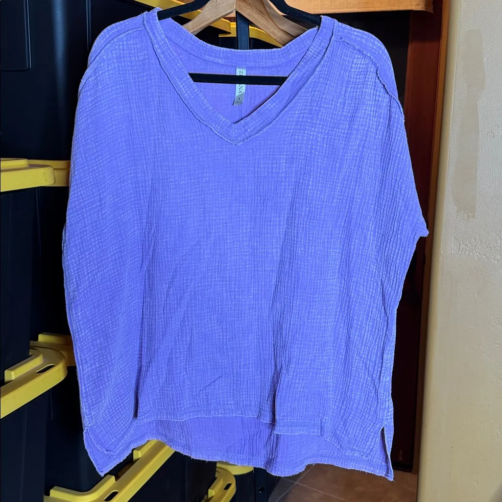 NWOT Zenana Acid Washed Double Gauze Short Sleeve Shirt Lavender Size Small - Image 6