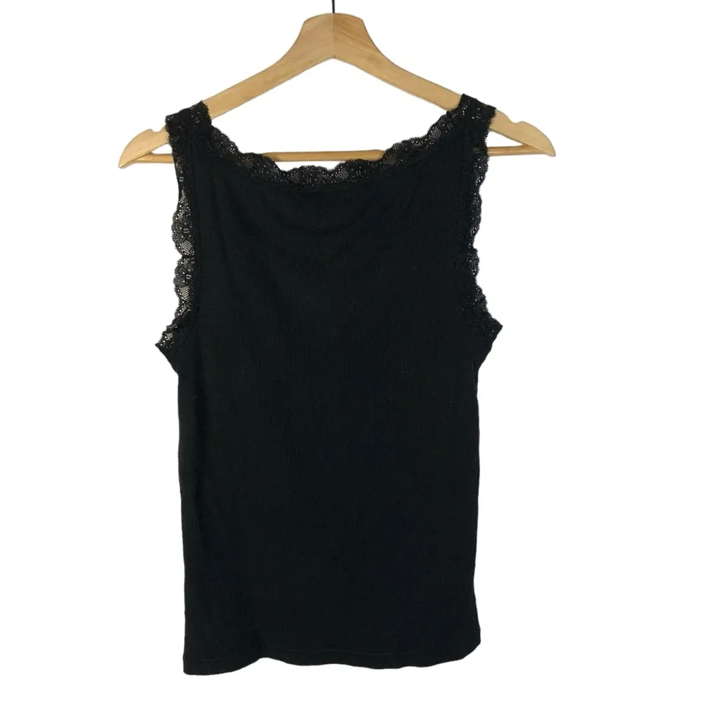 Talbots Black Ribbed Lace Trim Pima Cotton Cami Tank Top S - Image 2