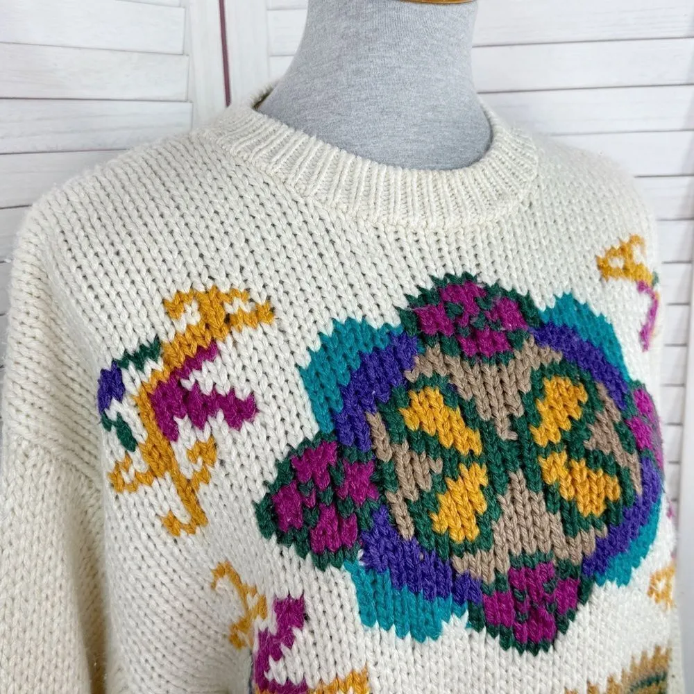 Vintage Rafferty 80s 90s‎ Floral Chunky Knit Sweater Ivory Large Crewneck Tan - Image 5