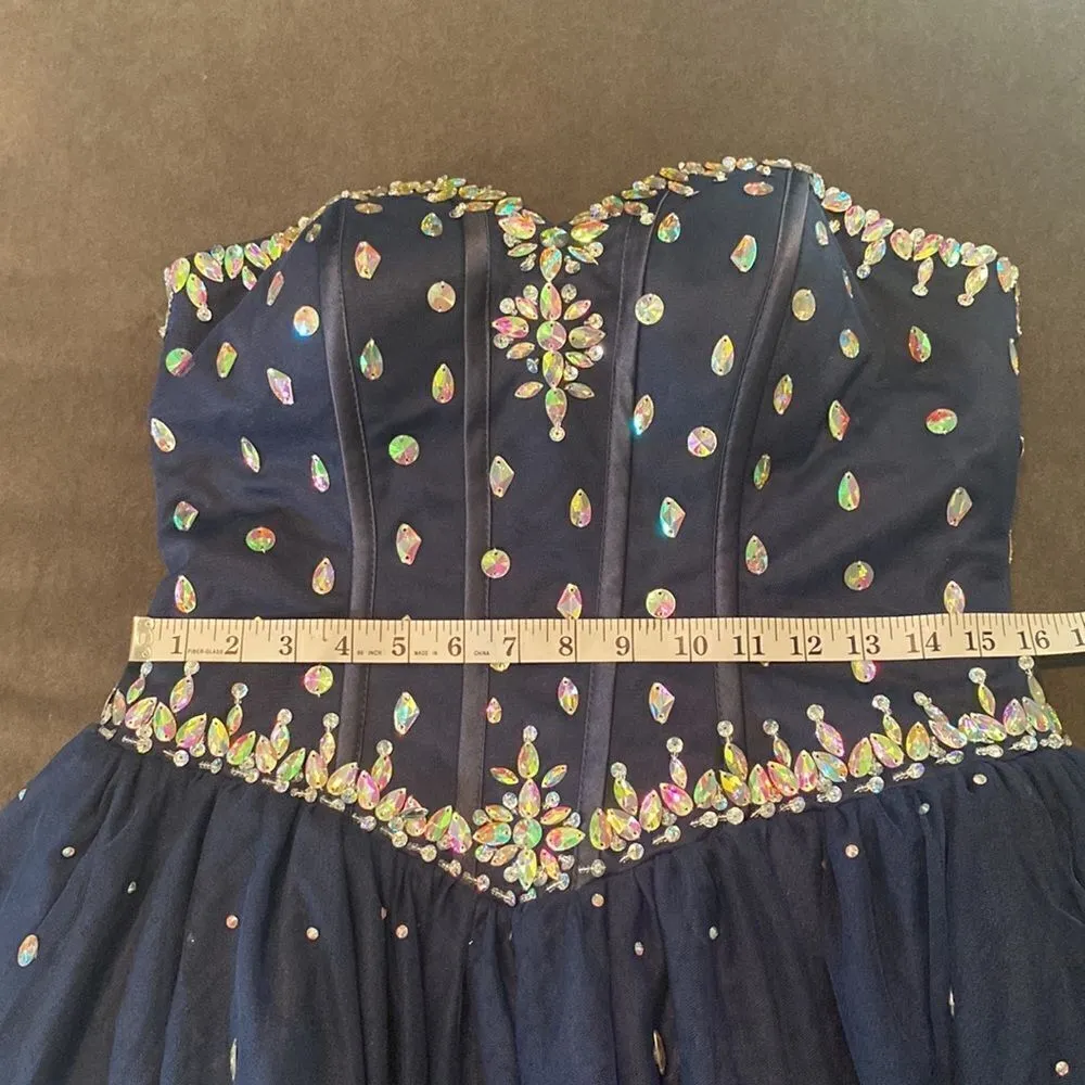 Women’s Blue & Silver Beading Full Length Prom Quinceañera Dress Size 12 NWOT Blue - Image 9