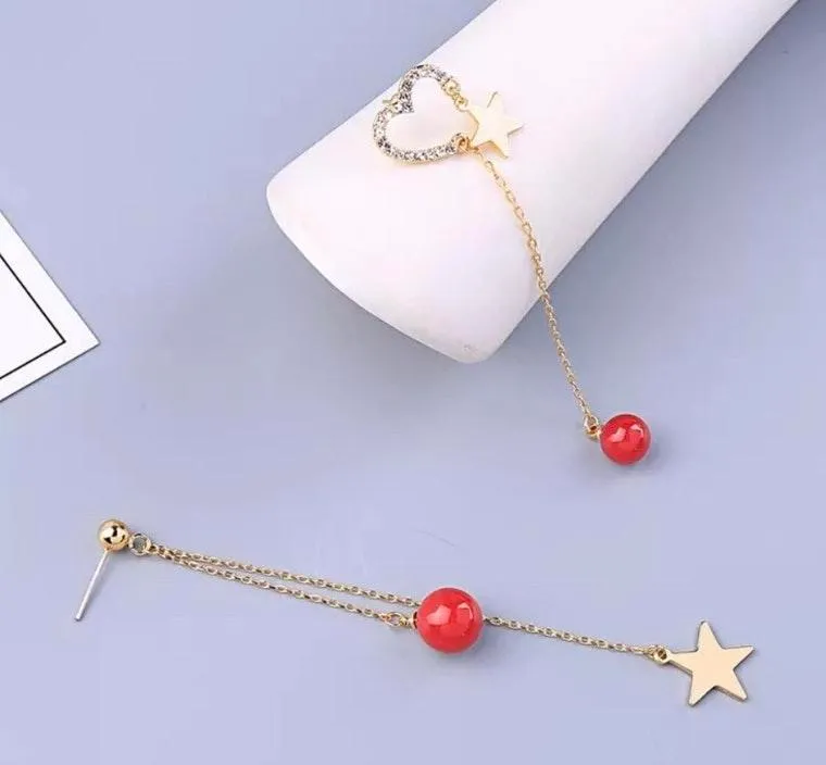 Crystal Heart Star Tassels Stud Drop Dangle Earring Gold - Image 3