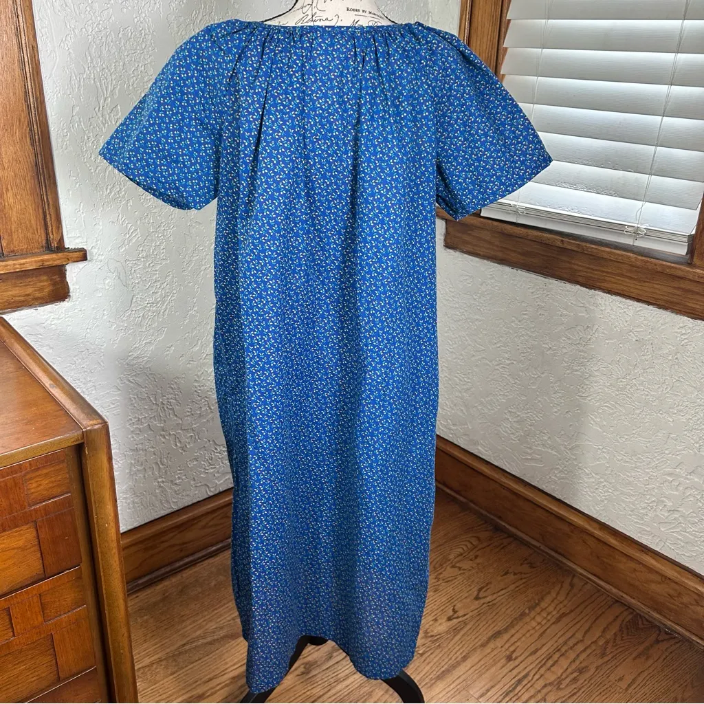VTG 70’s Blue Yellow Floral Snap Button House Dress Nightgown Cottage Size 14 - Image 3