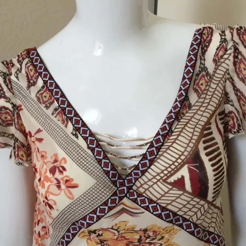 Ideology 100% Silk Rust/Pink Print Lace Beaded Tied Back Blouse XS - Image 3