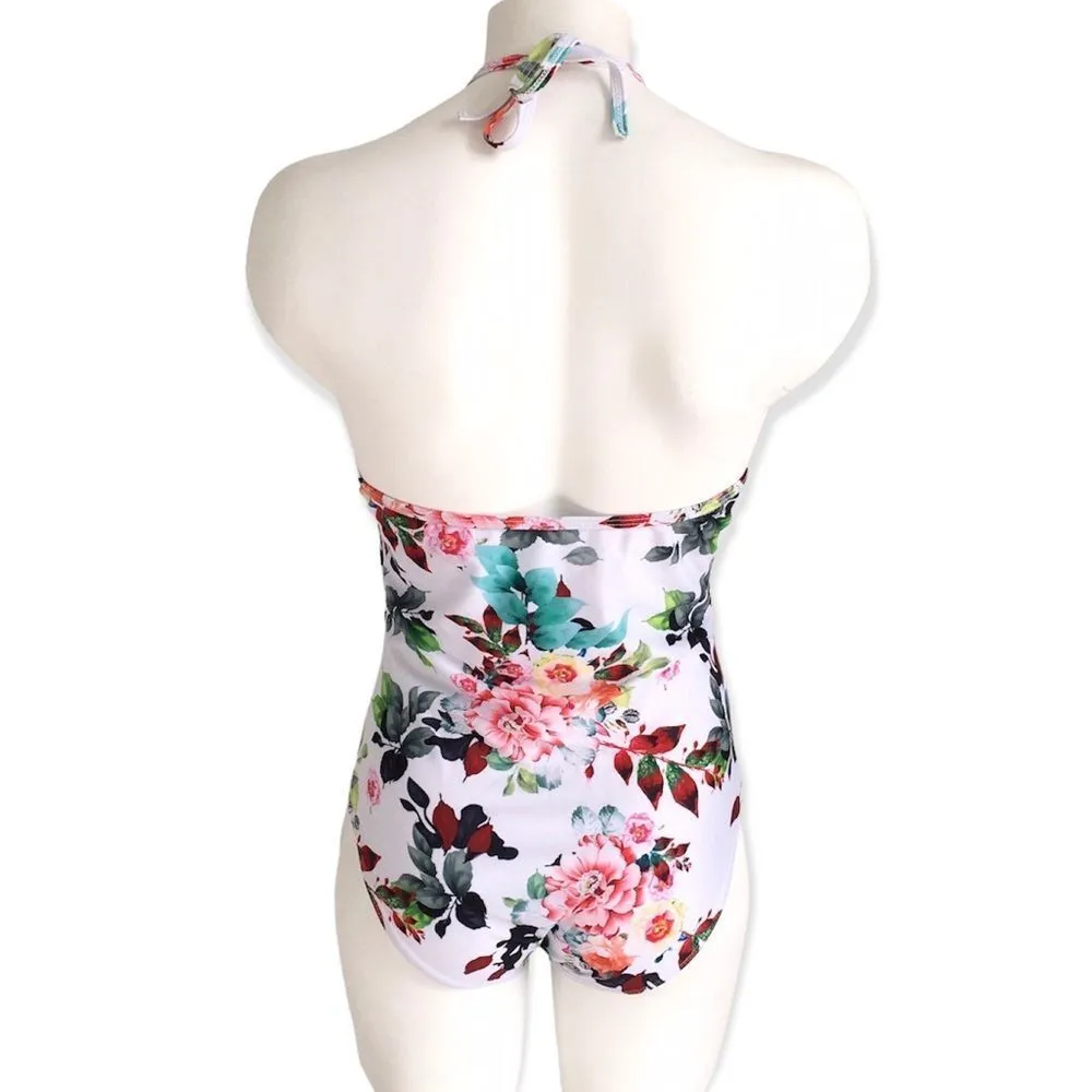 🔃White Floral Front V Cut Out One Piece Swimsuit White Size L - Image 3