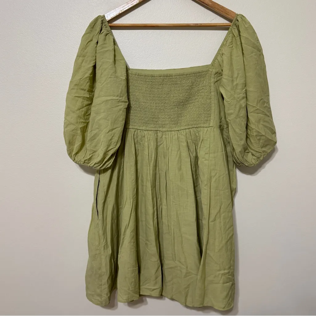 Abercrombie & Fitch Emerson Mini Dress Size XL Poplin Puff Sleeve Green Ruched - Image 6