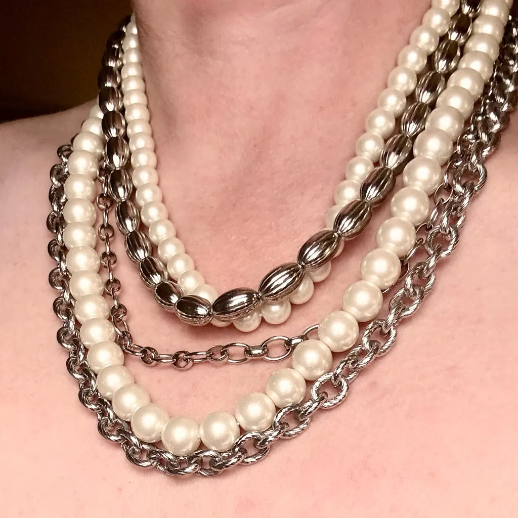 WHBM Chunky Layered Faux Pearl & Silvertone Chain Statement Bib Necklace - Image 6