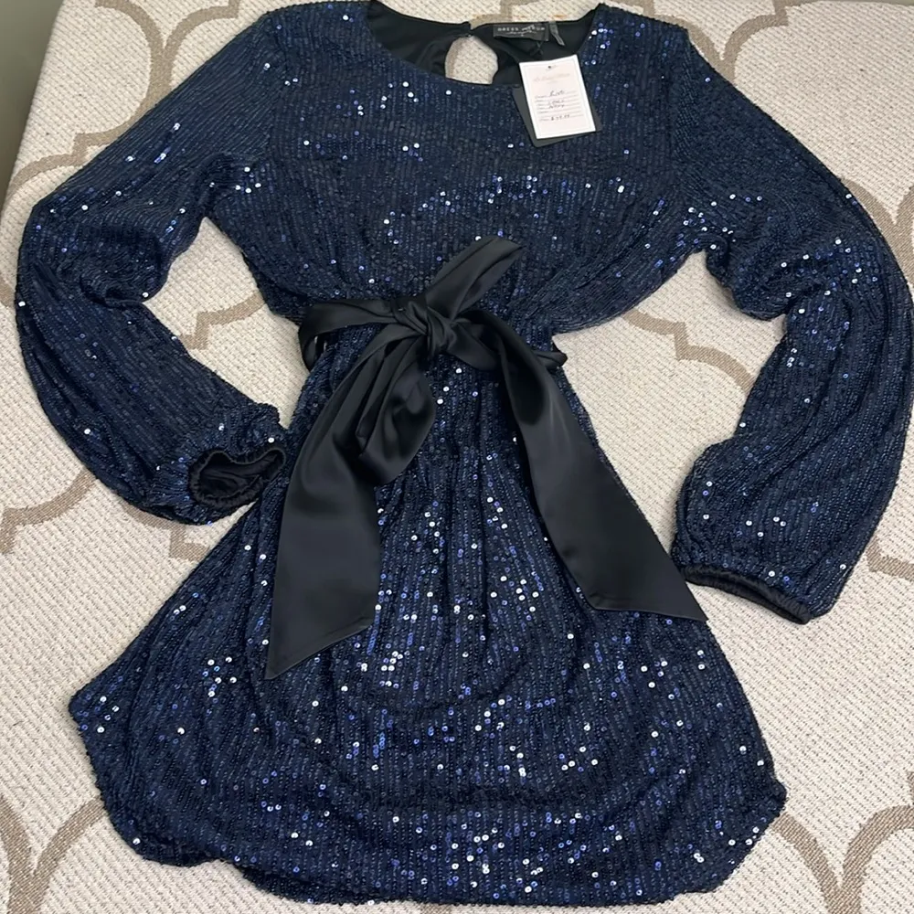 Dress Forum Navy Sequin Balloon Sleeve Contrasting satin Belt,keyhole Back Dress - Image 9
