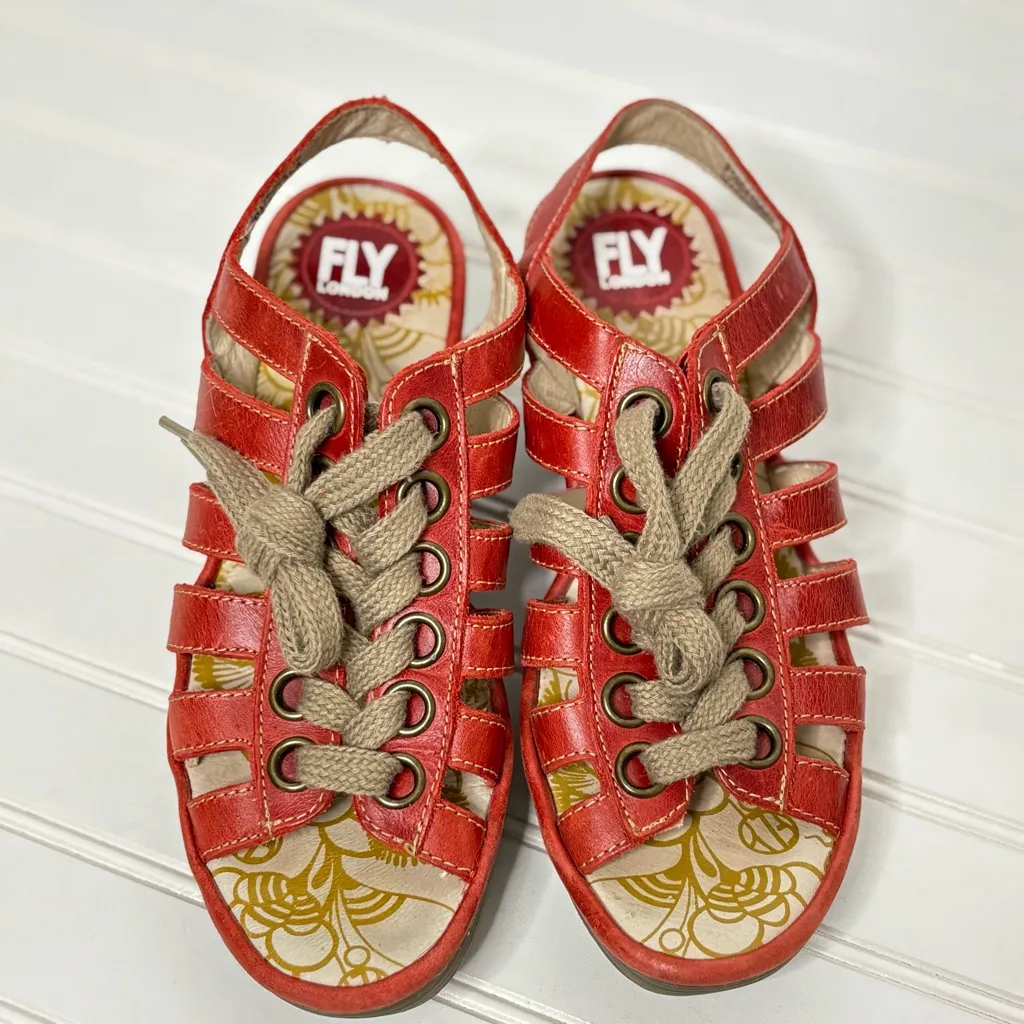 Fly London Yito Red Leather Wedge Strappy Sandals Lace Up EU 39 US 9 - Image 2
