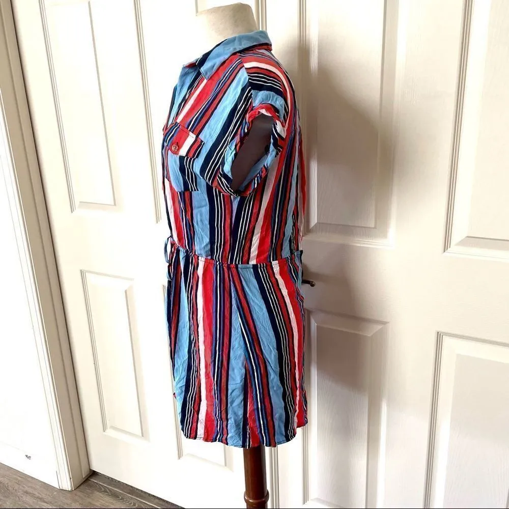 Urban Girl red blue black and white stripe button down short sleeve dress - Image 2