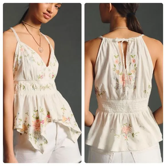 By Anthropologie Cottagecore Boho Asymmetrical Embroidered Floral Peplum Top L - Image 2