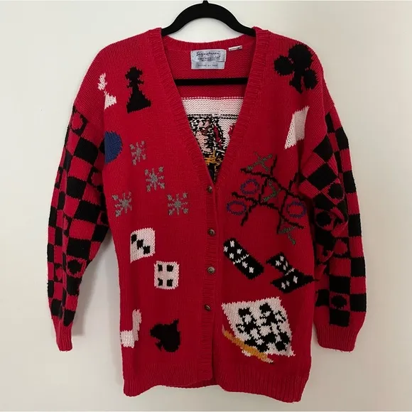 Vintage Signature by Northern Isles Game Queen of Hearts Cardigan Sweater XL Red - Image 1