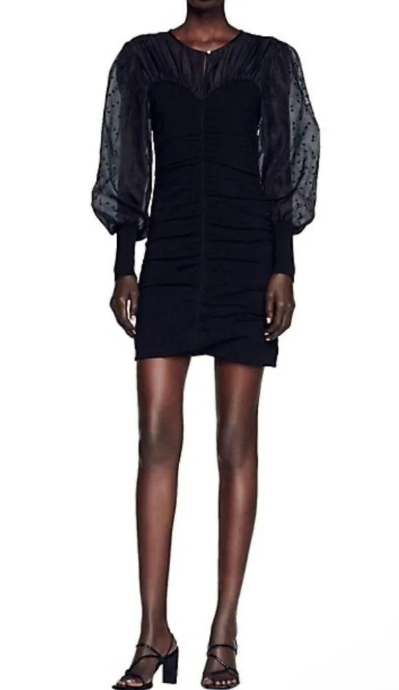 SANDRO Balmora Swiss-Dot Puff-Sleeve black mini Dress NWT - Image 5