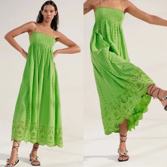 Zara Openwork Embroidery Midi Maxi Dress Lime Green 100% Cotton Size XS NEW - Image 2