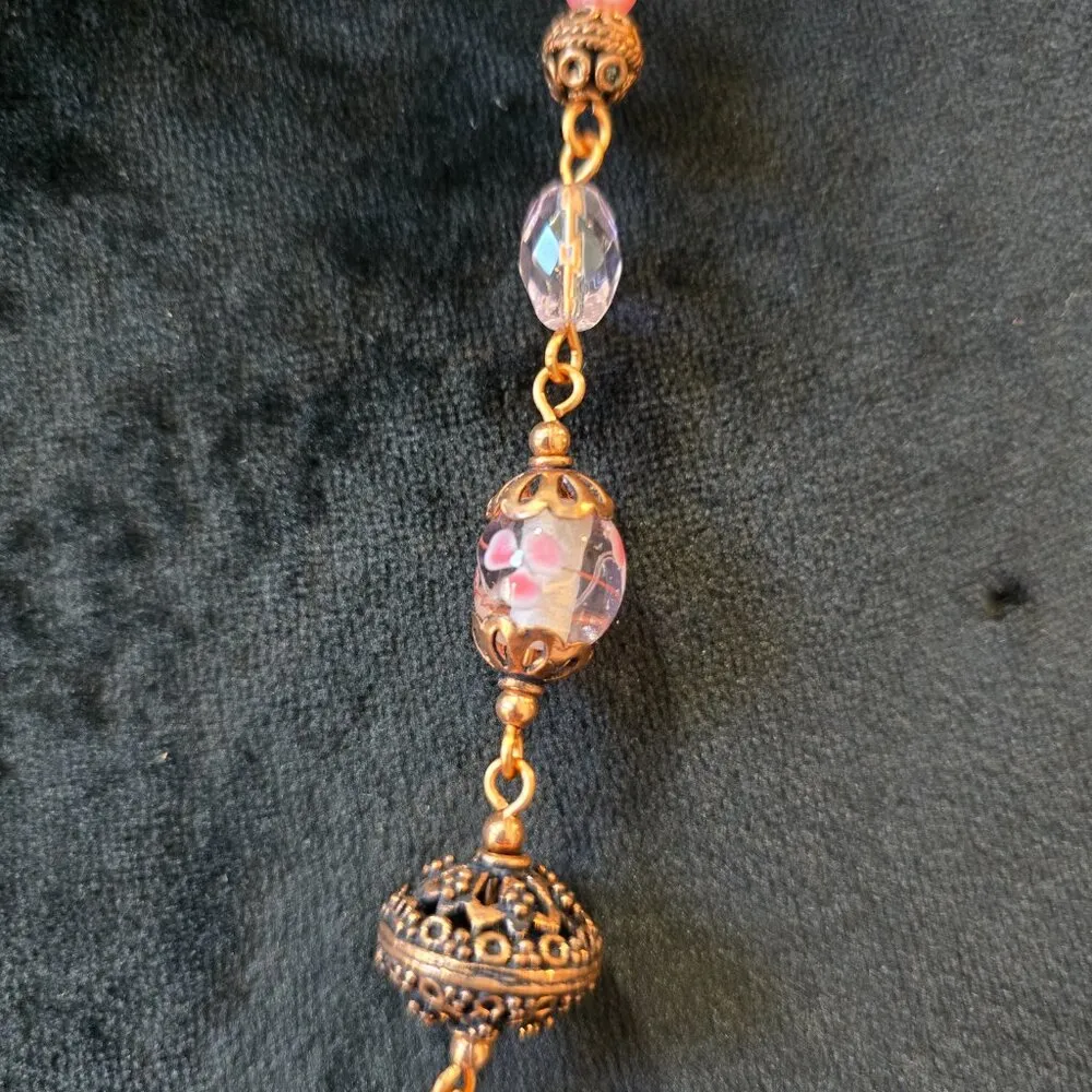 Womens Bright Pink Venetian Crystal Brown Round Metal Beaded Necklace - Image 4