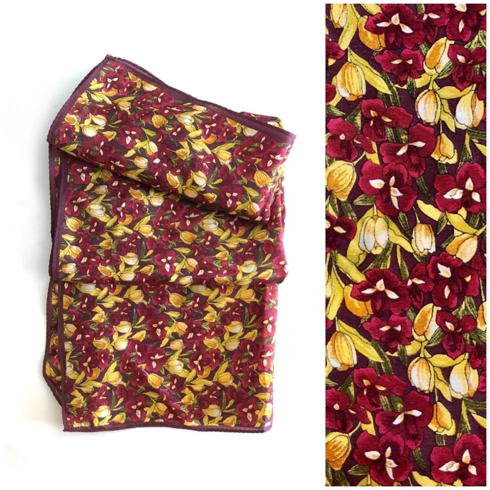 Vintage Red Iris Flower & Yellow Floral Print Silk Neck Scarf - Image 2