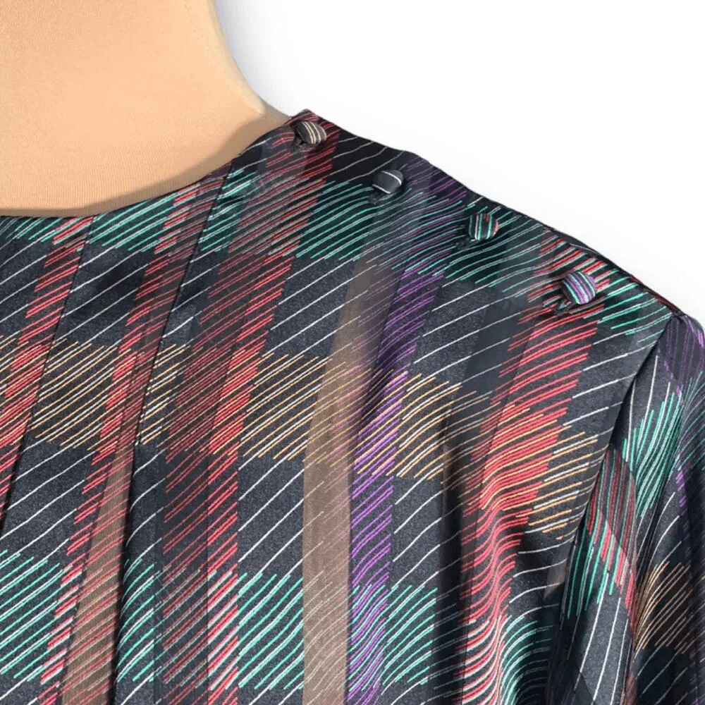 Vintage Notations Multicolor Plaid Blouse Satin Button Shoulder Long Sleeve Black Size 14 - Image 4