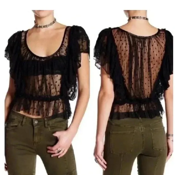 Free People Black Sweet Surprise Lace
Sheer Blouse Ruffles Boho Women's - Image 2