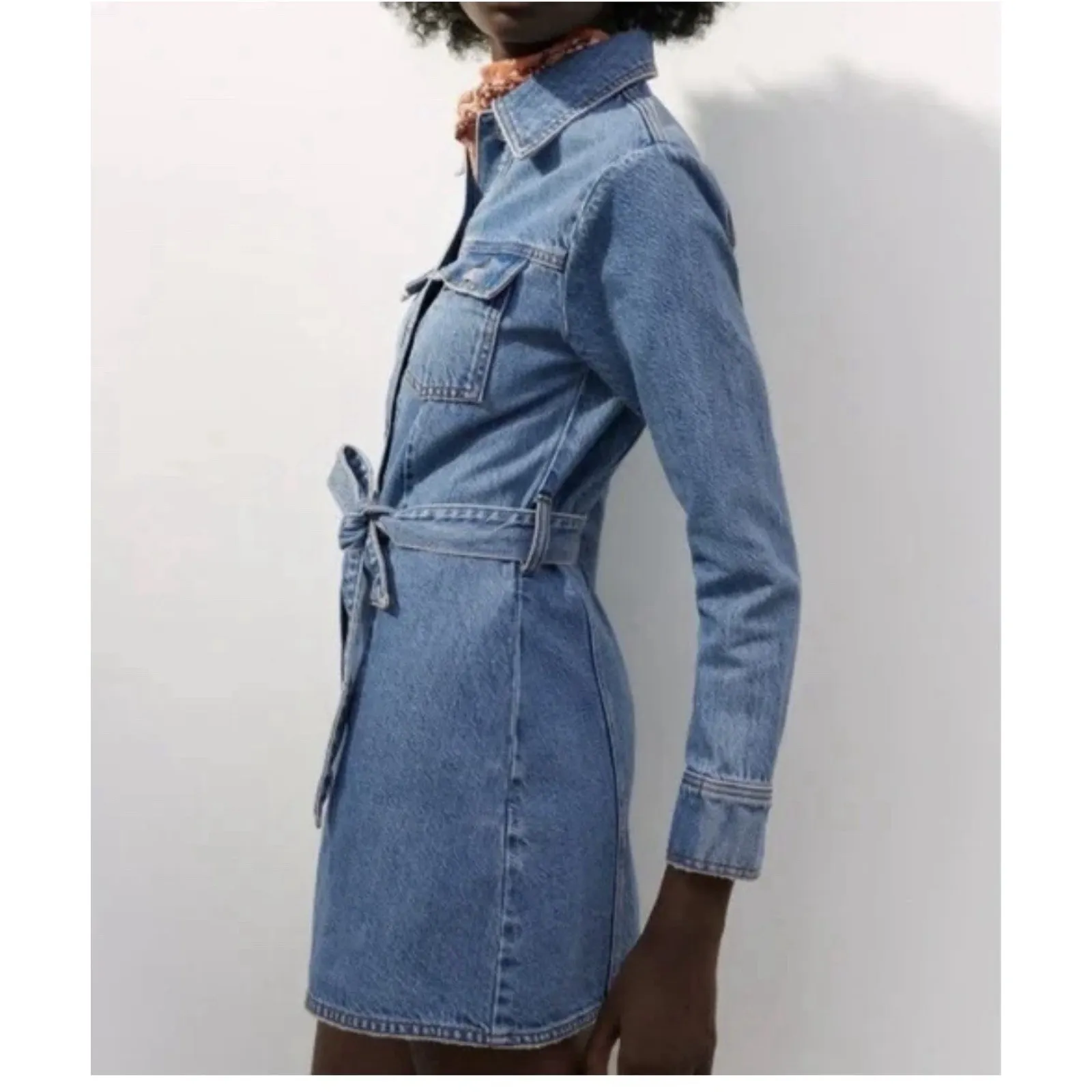 ZARA Denim Shirt Dress Blue Belted Long Sleeve Mini Dress 100% Cotton Women M - Image 2
