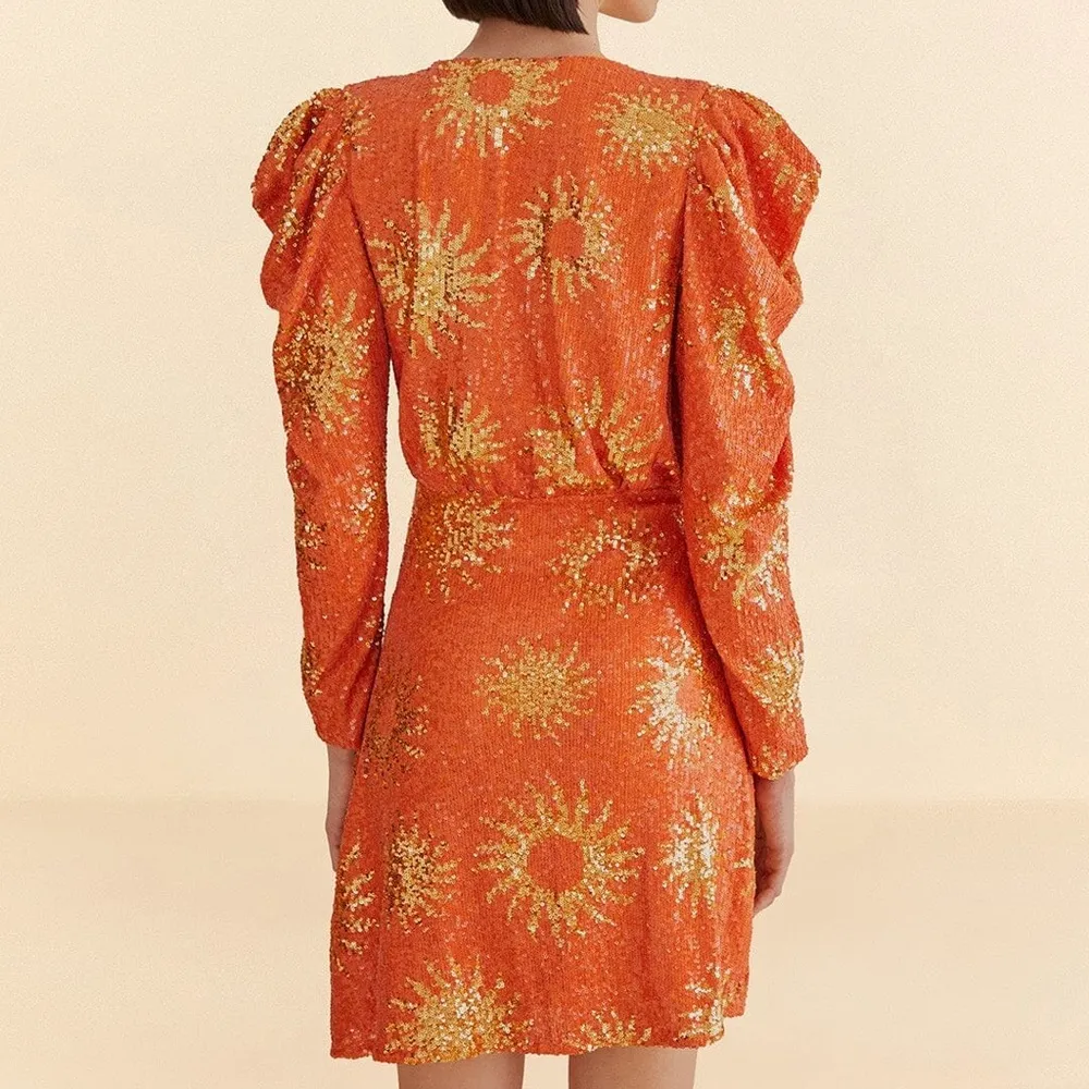 NEW NWT Farm Rio Sunny Mood Orange Sequin Long Sleeve Mini Dress - Image 4