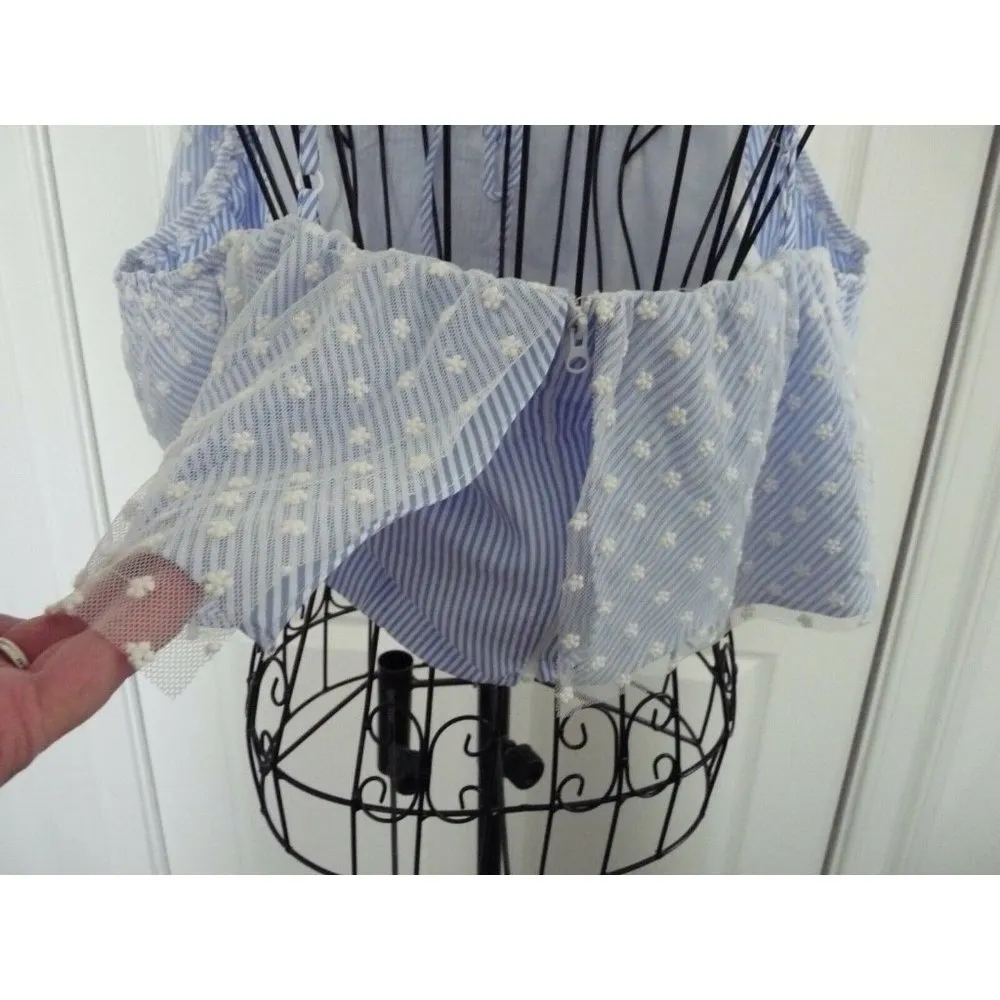 Do & Be Blue & White Stripe Off The Shoulder Crop Top W/Cap Lace Sleeve Size L - Image 3