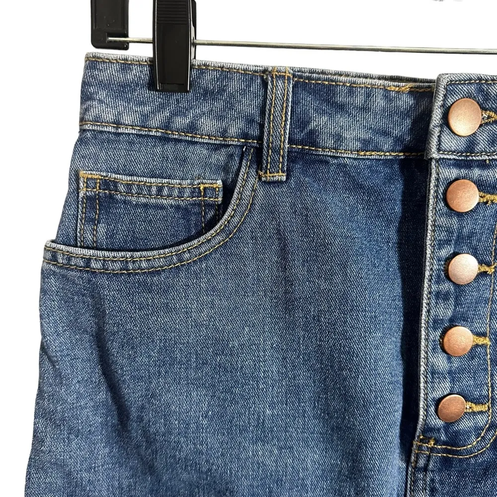 Forever 21 Womens Size Medium Denim Skirt Rainbow Patch Button Front Blue Jean - Image 4