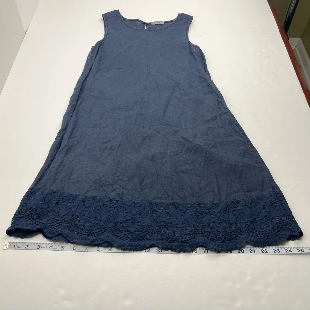 Terzo‎ Millennio 100% Linen Sleeveless Shift Dress Eyelet Hem Women Size XS Blue - Image 7