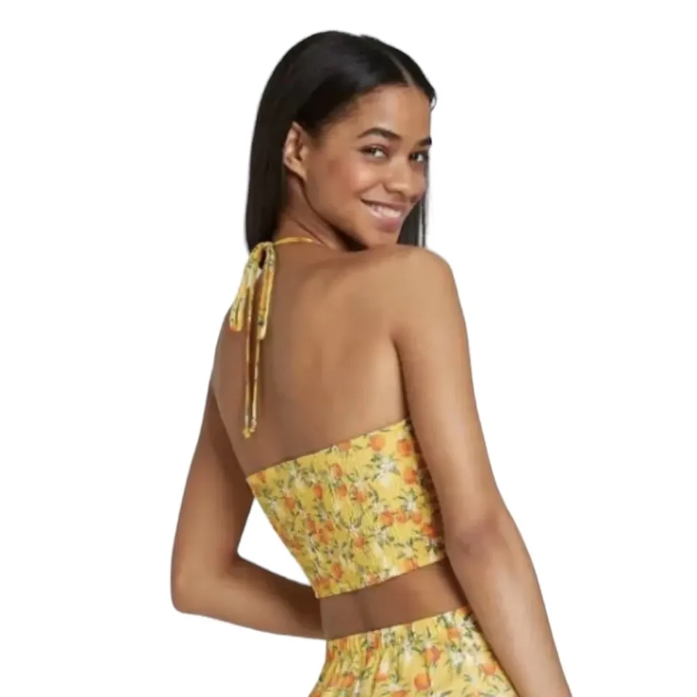 Wild Fable Orange Print Strapless Halter Top Smocked Back in Yellow - Image 2