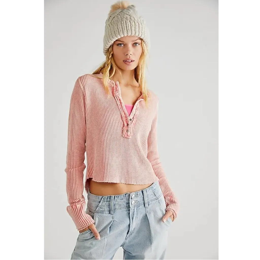 Free People FP One Colt Henley Thermal Tee Top Blush Plunge Grunge 90s Small - Image 10