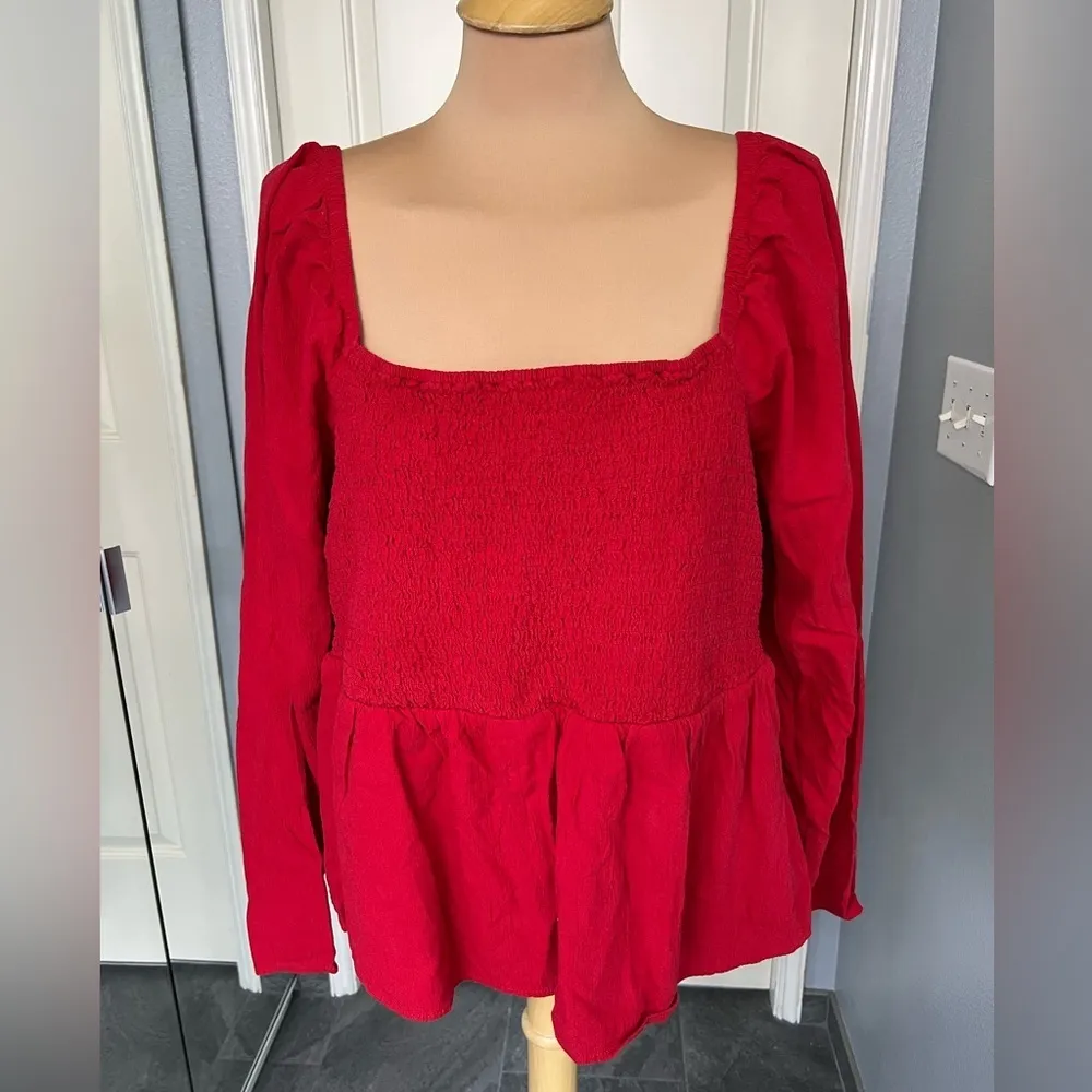 Red‎ Smocked Crepe Babydoll Milkmaid Long Sleeve Peasant Top - Image 2