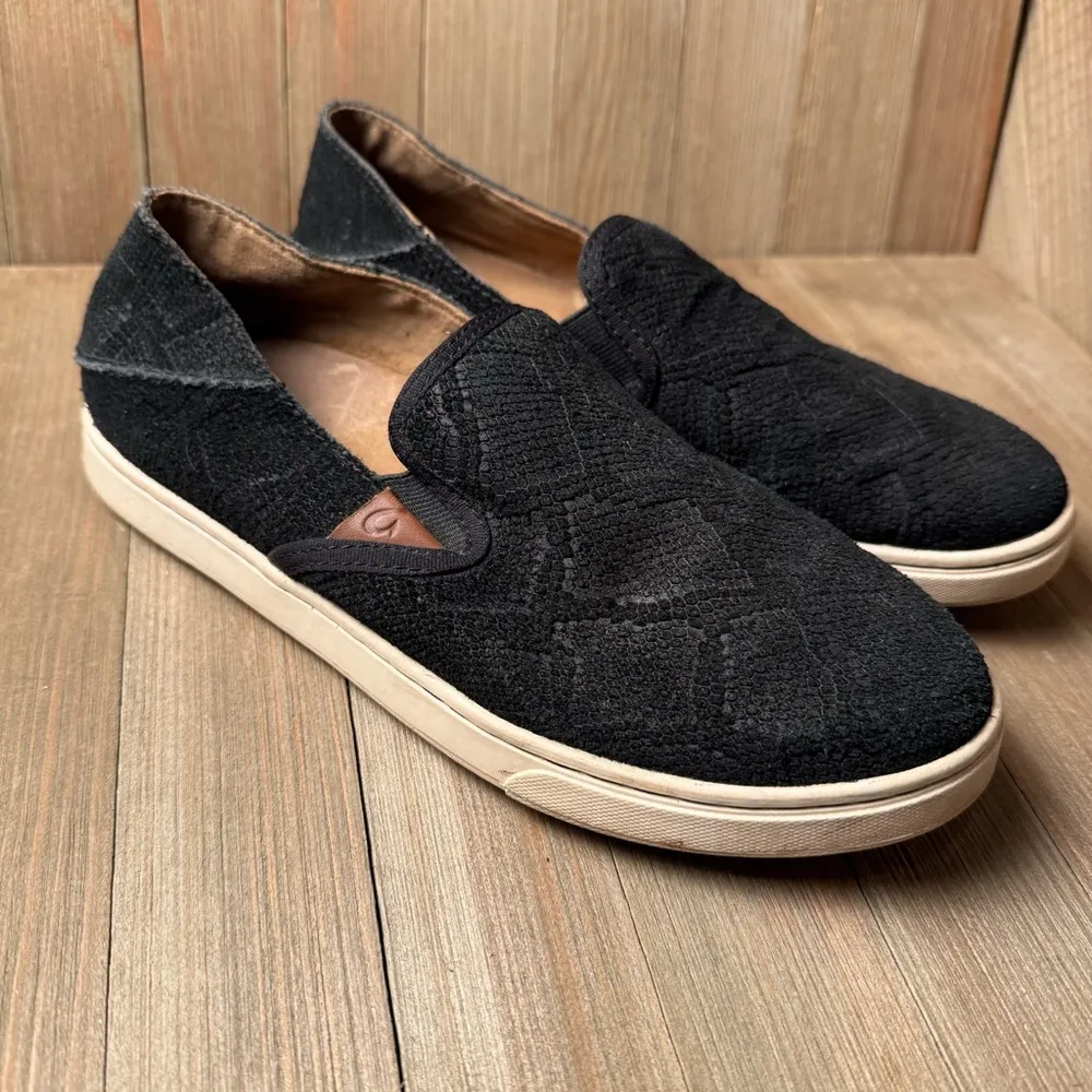 OluKai Womens 6.5 Black Snake Embossed Suede Leather Slip On Loafers Shoes - Image 2