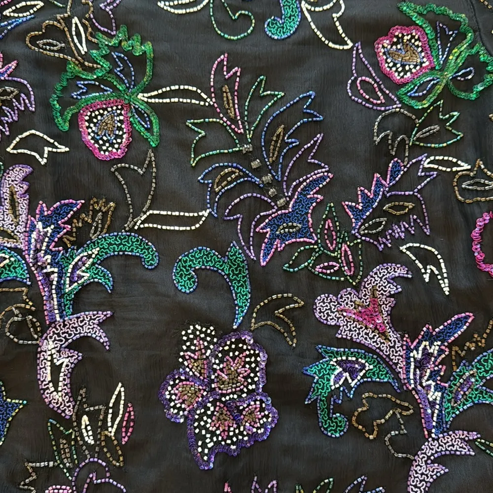 Vintage Laurence Kazar Silk Beaded Floral Blouse Black Multicolor Large - Image 2