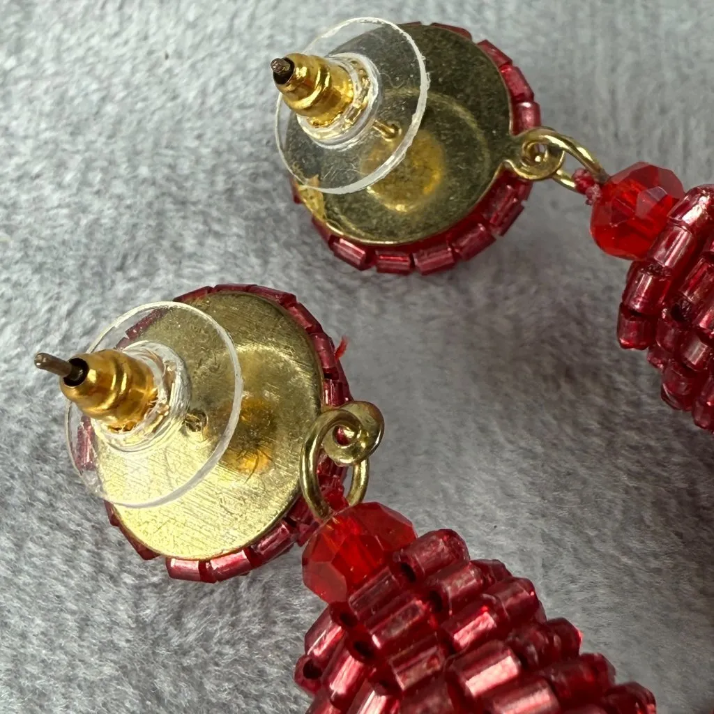 Beaded Red Tassel Pierced Earrings Statement Jewelry Gold Tone Back Vibrant Boho - Image 6